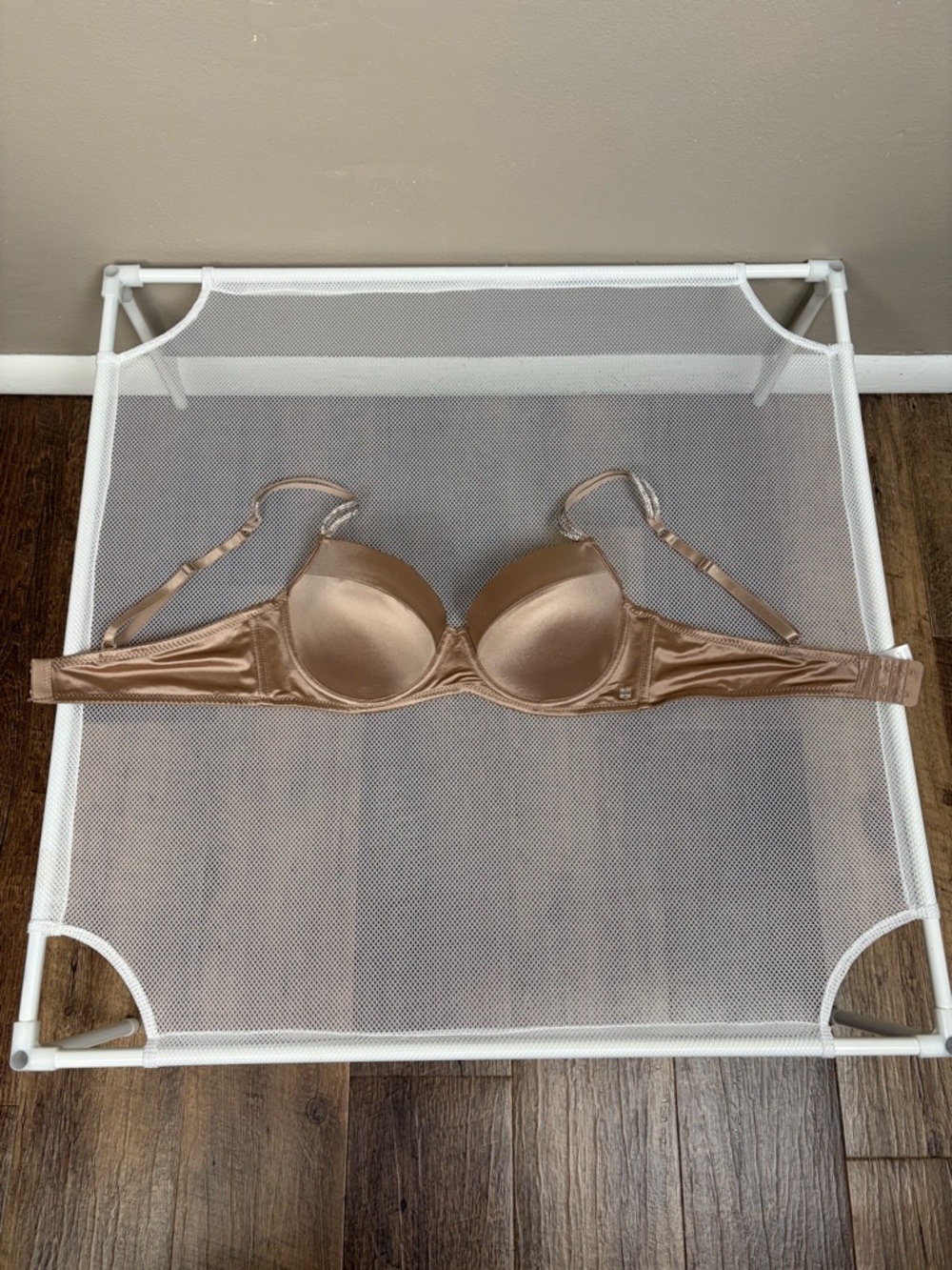 Nicole Miller New York Beige Satin Demi Bra 36C Rhinestone Sparkle Straps Tan NM - Picture 7 of 16